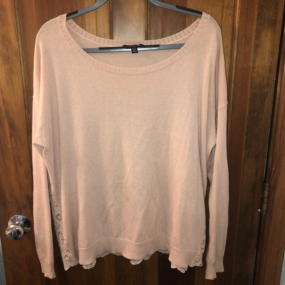 Blush colored AE knit sweater with lacy back